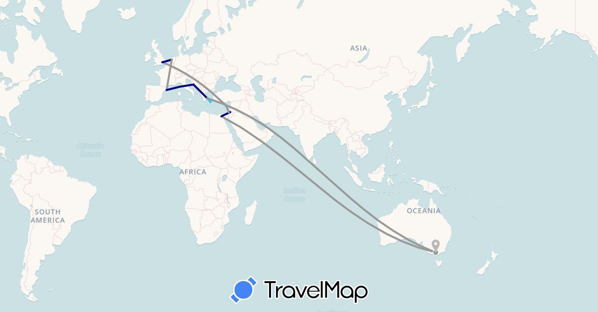 TravelMap itinerary: driving, plane, boat in United Arab Emirates, Australia, Cyprus, Egypt, Spain, United Kingdom, Greece, Croatia, Israel, Jordan, Netherlands (Africa, Asia, Europe, Oceania)